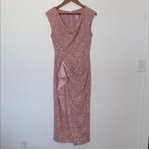 JS Collections Blush Sequin Midi Dress Faux Wrap Ruched Wedding Guest 6 NWT